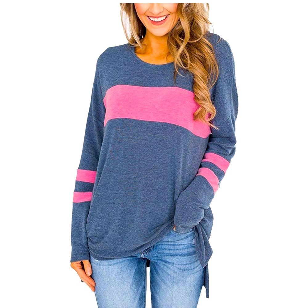 Color Block Long Sleeve Shirt Pullover Round Neck Side Split High Low Tunic Tops